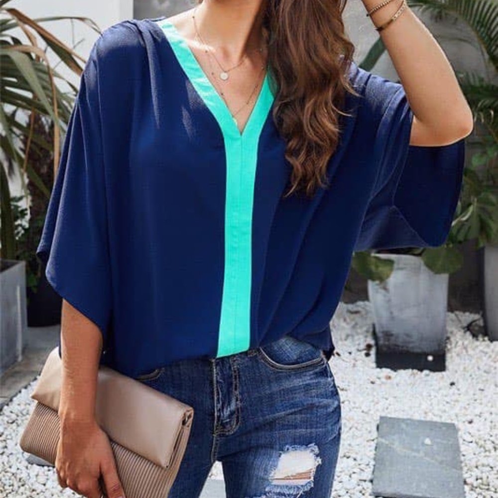 Kimono Sleeve Blouse - Navy/Aqua